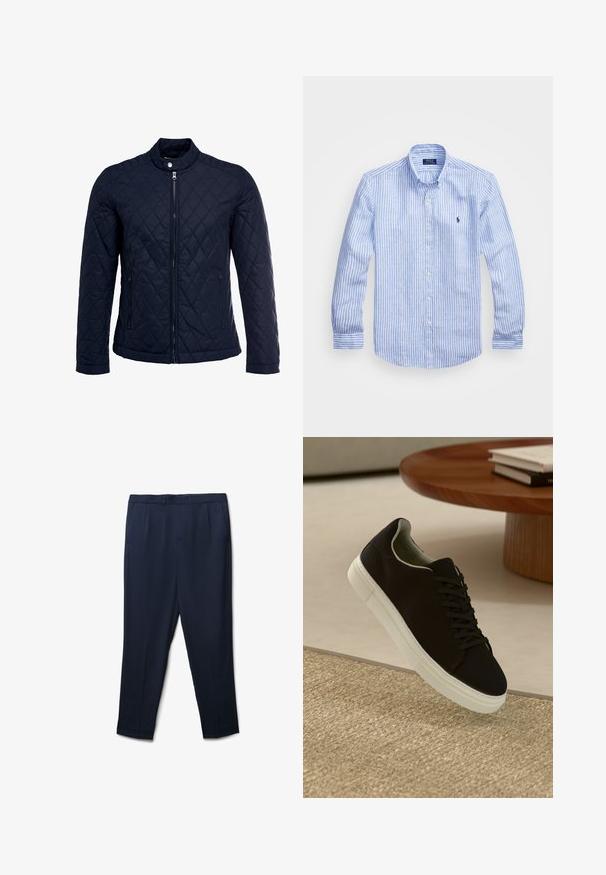 Giacca trapuntata blu navy con colletto alto, zip frontale completa e due tasche laterali. Il materiale ha una texture liscia con motivi a rombi.; Camicia a maniche lunghe a righe bianche e blu in cotone, con colletto button-down, bottoni frontali e un piccolo logo ricamato sul petto.; Pantaloni in blu navy su misura realizzati in tessuto liscio, con design a vita piatta, tasche laterali e gamba leggermente affusolata.; Sneaker nero con suola bianca che flotta sopra un tappeto beige testurizzato vicino a un tavolo rotondo in legno con libri impilati.