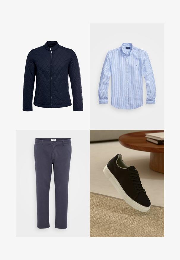 Tengerész kék steppelt dzseki, állógallérral, teljes előlapi cipzárral és két oldalsó zsebbel. Az anyag sima textúrájú, gyémánt mintázattal.; Kék és fehér csíkos, hosszú ujjú pamut ing, gombos gallérral, elől gombokkal és egy kis hímzett logóval a mellkason.; Sötétkék nadrág sima anyagból, karcsú szabással, elülső zsebekkel, gombos záródással és tiszta végződéssel az alján.; Fekete sneakers fehér talppal lebeg egy bézs textúrájú szőnyeg felett, egy kerek fából készült asztal közelében, rajta egymásra pakolt könyvekkel.