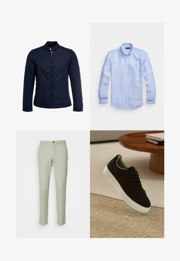 Giacca trapuntata blu navy con colletto alto, zip frontale completa e due tasche laterali. Il materiale ha una texture liscia con motivi a rombi.; Camicia a maniche lunghe a righe bianche e blu in cotone, con colletto button-down, bottoni frontali e un piccolo logo ricamato sul petto.; Jack & Jones JPSTMARCO NOOS - Chino - desert sage; Sneaker nero con suola bianca che flotta sopra un tappeto beige testurizzato vicino a un tavolo rotondo in legno con libri impilati.