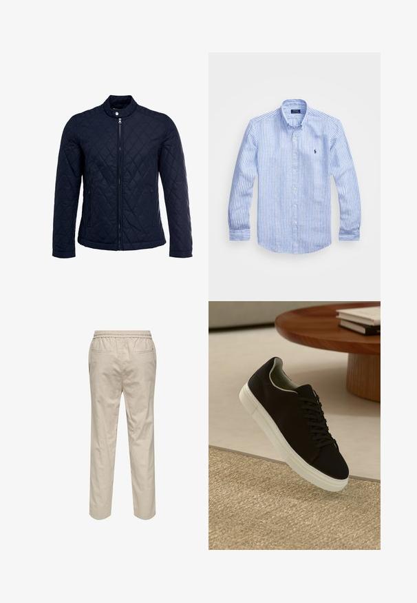 Chaqueta acolchada de color navy que cuenta con un cuello alzado, cierre frontal completo y dos bolsillos laterales. El material tiene una textura suave con patrones en forma de rombo.; Camisa de manga larga a rayas azul y blanca hecha de algodón, con cuello de botón, botones en el frente y un pequeño logo bordado en el pecho.; Pantalones de algodón beige claro con cinturilla elástica, dos bolsillos laterales y corte recto. Textura suave con un detalle mínimo.; Zapatilla negra con suela blanca flotando sobre una alfombra texturizada beige cerca de una mesa redonda de madera con libros apilados.