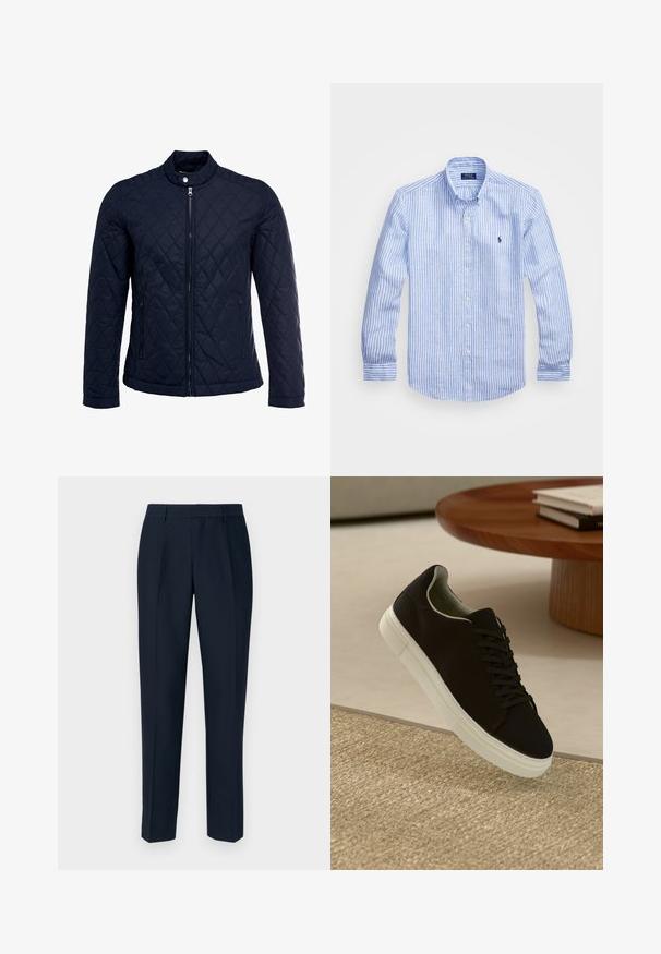 Tamsiai mėlynas užsegamas dubliažinis švarkas su stovinčiu apykakliu, visiškai užtraukiamas priekyje, ir dviem šoninėmis kišenėmis. Medžiaga turi lygią tekstūrą su deimantiniais raštais.; Mėlynos ir baltos dryžuotos ilgomis rankovėmis medvilninė marškiniai, turintys sagtelę ant apykaklės, priekinius mygtukus ir mažą išsiuvinėtą logotipą krūtinėje.; Jūrų mėlynos spalvos pritaikyti kelnes su tiesiu kirpimu, su klostėmis priekyje, lygiu paviršiumi ir standartiniais diržo kilpomis.; Juodas sportinis batelis su baltu padu, lekiančius virš smėlio spalvos tekstūruoto kilimo šalia apvalaus medinio stalo su sukrautomis knygomis.