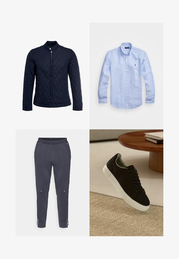 Marineblauwe gewatteerde jas met een staande kraag, volledige ritssluiting aan de voorkant en twee zijzakken. Materiaal heeft een gladde textuur met ruitpatronen.; Blauw-wit gestreept overhemd met lange mouwen van katoen, met een button-down kraag, knopen aan de voorkant en een klein geborduurd logo op de borst.; Marine joggers met een elastische tailleband, zijzakken en ritsen aan de onderkant. Gemaakt van zacht materiaal met een gladde textuur en een minimalistisch design.; Zwarte sneaker met witte zool die boven een beige gestructureerd tapijt zweeft, nabij een ronde houten tafel met gestapelde boeken.