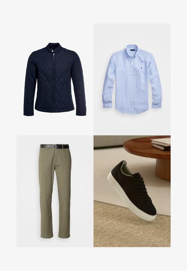 Casaco acolchoado azul-marinho com gola elevada, fecho de correr à frente e dois bolsos laterais. O material tem uma textura suave com padrões de diamante.; Camisa de manga longa azul e branca com riscas, feita de algodão, apresentando um colarinho abotoado, botões frontais e um pequeno logotipo bordado no peito.; Calças retas de cor verde-azeitona feitas de algodão, com um cinto de couro preto, costura visível e bolsos laterais.; Sneaker preto com sola branca flutuando acima de um tapete texturizado bege, perto de uma mesa redonda de madeira com livros empilhados.