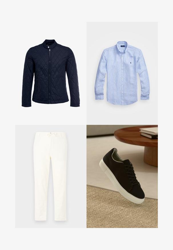 Casaco acolchoado azul-marinho com gola elevada, fecho de correr à frente e dois bolsos laterais. O material tem uma textura suave com padrões de diamante.; Camisa de manga longa azul e branca com riscas, feita de algodão, apresentando um colarinho abotoado, botões frontais e um pequeno logotipo bordado no peito.; Calças de linho leves e brancas com cintura elástica. Design de perna reta, textura mínima e sem padrões ou detalhes de hardware visíveis.; Sneaker preto com sola branca flutuando acima de um tapete texturizado bege, perto de uma mesa redonda de madeira com livros empilhados.