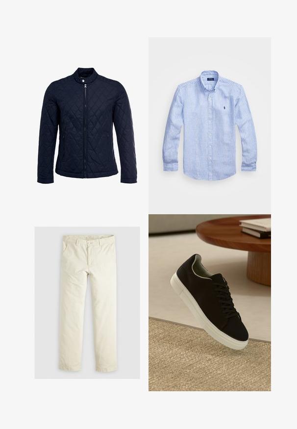 Mörkblå vadderad jacka med ståkrage, fullständig dragkedja framtill och två sidofickor. Tyget har en slät yta med diamantmönster.; Blå och vit randig långärmad skjorta i bomull, med en knapp ner-krage, framknappar och en liten broderad logotyp på bröstet.; Ljust beige löst sittande byxor med tre fickor, bältesöglor och raka ben. Tillverkade av en mjuk bomullsmix.; Svart sneakers med vit sula svävande över en beige texturerad matta nära ett runt träbord med staplade böcker.