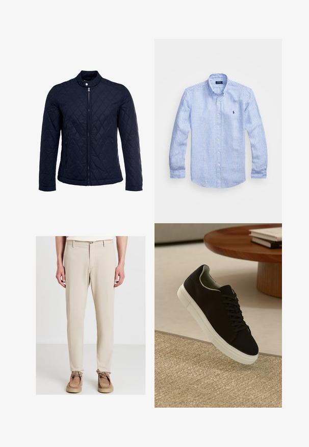 Veste matelassée bleu marine avec col montant, fermeture éclair sur le devant et deux poches latérales. Le matériau a une texture lisse avec des motifs en losange.; Chemise à rayures bleues et blanches à manches longues en coton, dotée d'un col boutonné, de boutons sur le devant et d'un petit logo brodé sur la poitrine.; Homme portant un pantalon beige droite et des chaussures en daim marron à lacets, debout avec les mains détendues sur les côtés contre un fond blanc.; Baskets noires avec semelle blanche flottant au-dessus d'un tapis texturé beige, près d'une table en bois ronde avec des livres empilés.