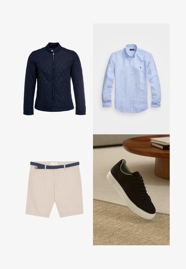 Námořnická prošívaná bunda s vysokým límcem, plným zipem a dvěma bočními kapsami. Materiál má hladkou texturu s diamantovým vzorem.; Modrá a bílá pruhovaná košile s dlouhým rukávem vyrobená z bavlny, s límcem na knoflíky, předními knoflíky a malým vyšitým logem na hrudi.; Béžové šortky s tkaným modrým páskem. Mají přední kapsy, hnědou koženou akcentaci a uvolněný design vhodný na teplé počasí.; Černé tenisky s bílou podrážkou plující nad béžovým texturovaným kobercem poblíž kulatého dřevěného stolu se stohovanými knihami.