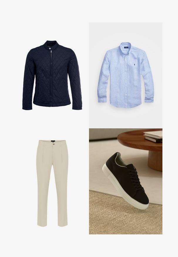 Giacca trapuntata blu navy con colletto alto, zip frontale completa e due tasche laterali. Il materiale ha una texture liscia con motivi a rombi.; Camicia a maniche lunghe a righe bianche e blu in cotone, con colletto button-down, bottoni frontali e un piccolo logo ricamato sul petto.; Pantaloni beige su misura con una texture liscia, caratterizzati da una chiusura con bottoni, pieghe anteriori e gambe affusolate.; Sneaker nero con suola bianca che flotta sopra un tappeto beige testurizzato vicino a un tavolo rotondo in legno con libri impilati.