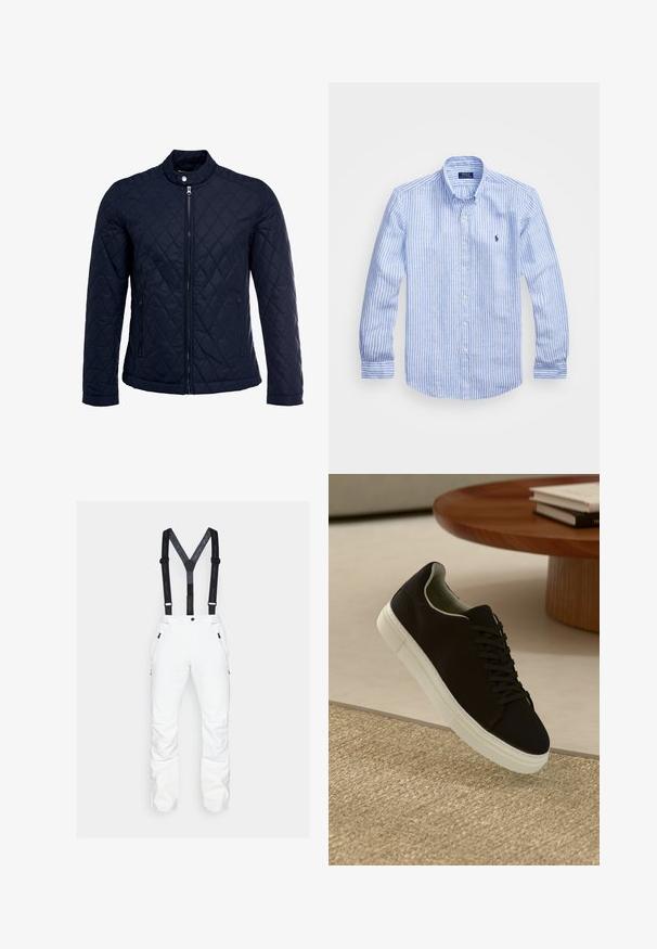 Mornarska jakna od ripsa s uzastopnim ovratnikom, punim prednjim zatvaračem i dva bočna džepa. Materijal ima glatku teksturu s dijamantnim uzorcima.; Plava i bijela prugasta košulja dugih rukava od pamuka, s ovratnikom na dugmad, prednjim dugmadi i malim izvezenim logom na prsima.; Bijele skijaške hlače s podešivim crnim naramenicama, bočnim džepovima sa zatvaračem i ojačanim donjim dijelovima nogavica. Glatka tkanina s elegantnim dizajnom.; Crna tenisica s bijelim potplatom koja lebdi iznad bež teksturiranog tepiha pored okruglog drvenog stola sa složenim knjigama.