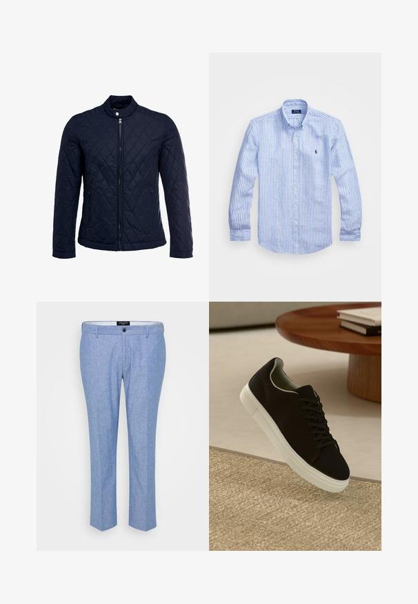 Granatowa pikowana kurtka z stojącym kołnierzem, pełnym zamkiem błyskawicznym i dwoma bocznymi kieszeniami. Materiał ma gładką teksturę z diamentowym wzorem.; Niebiesko-biała, w paski, koszula z długim rękawem, wykonana z bawełny, z kołnierzykiem zapinanym na guziki, guzikami z przodu oraz małym haftowanym logo na klatce piersiowej.; Jasnoniebieskie spodnie wykonane z teksturowanej tkaniny, o prostym kroju, z paskami na pasek i pojedynczym zapięciem na guzik z przodu.; Czarny sneaker z białą podeszwą unoszący się nad beżowym, teksturowanym dywanem w pobliżu okrągłego drewnianego stołu z poukładanymi książkami.
