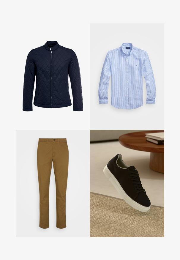 Veste matelassée bleu marine avec col montant, fermeture éclair sur le devant et deux poches latérales. Le matériau a une texture lisse avec des motifs en losange.; Chemise à rayures bleues et blanches à manches longues en coton, dotée d'un col boutonné, de boutons sur le devant et d'un petit logo brodé sur la poitrine.; Chinos marron en coton, avec une coupe droite, fermeture par bouton et poches à l'avant. Texture lisse avec un detailing minimal.; Baskets noires avec semelle blanche flottant au-dessus d'un tapis texturé beige, près d'une table en bois ronde avec des livres empilés.