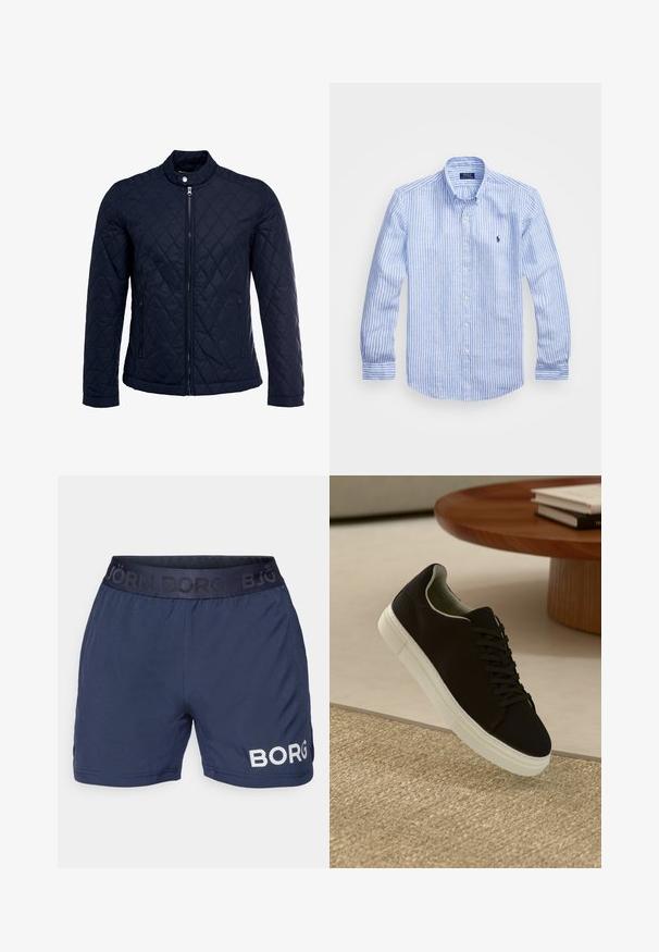 Marineblå quiltet jakke med stått krage, hel frontglidelås og to sidelommer. Materialet har en glatt tekstur med diamantmønster.; Blå og hvit stripete langermet skjorte laget av bomull, med knappekrage, frontknapper og en liten brodert logo på brystet.; Marine treningshorts laget av mykt stoff, med elastisk midje med "BJÖRN BORG"-logo og en hvit perforert "BORG"-detalj.; Svart sneakers med hvit såle som svever over en beige teksturert teppe nær et rundt trebord med stablede bøker.