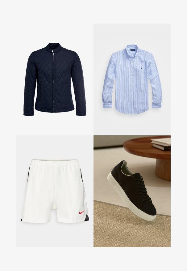 Marinefarbenes wattiertes Jackett mit Stehkragen, durchgehendem Reißverschluss und zwei seitlichen Taschen. Das Material hat eine glatte Textur mit Rautenmuster.; Blau-weißer gestreifter Langarmshirt aus Baumwolle mit einem Button-Down-Kragen, Frontknöpfen und einem kleinen gestickten Logo auf der Brust.; Weiße Sportshorts mit schwarzen Seitendetails, elastischem Bund und rotem Nike-Logo auf der unteren Vorderseite. Glattes, leichtes Material.; Schwarze Sneakers mit weißer Sohle, die über einem beige strukturierten Teppich schweben, in der Nähe eines runden Holztisches mit gestapelten Büchern.
