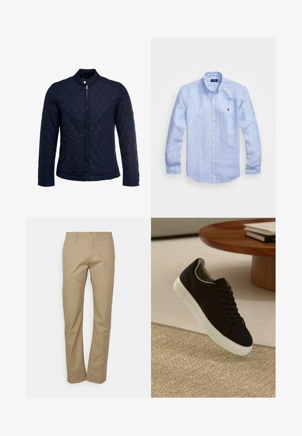 Marineblå quiltet jakke med stått krage, hel frontglidelås og to sidelommer. Materialet har en glatt tekstur med diamantmønster.; Blå og hvit stripete langermet skjorte laget av bomull, med knappekrage, frontknapper og en liten brodert logo på brystet.; Beige chinos med rak ben-design, med knappelukking, beltesløyfer og en glatt bomullsstoffstruktur.; Svart sneakers med hvit såle som svever over en beige teksturert teppe nær et rundt trebord med stablede bøker.