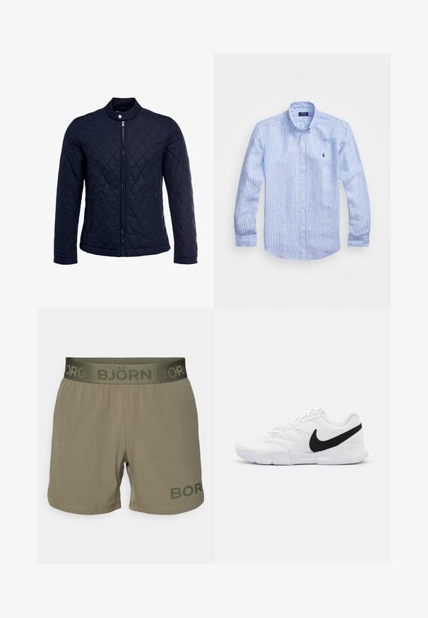 Marineblå quiltet jakke med stått krage, hel frontglidelås og to sidelommer. Materialet har en glatt tekstur med diamantmønster.; Blå og hvit stripete langermet skjorte laget av bomull, med knappekrage, frontknapper og en liten brodert logo på brystet.; Herre shorts i olivengrønn stoff med elastisk midje og "BJÖRN BOR" logo. Glatt tekstur, midt-lår lengde, søm detaljer.; Hvite joggesko med teksturert overdel, svart Nike-svaff, polstret krage og en solid gummiyttersåle med mønstrede spor.