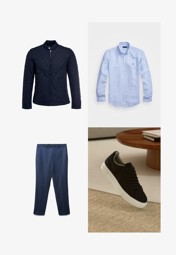 Marinefarbenes wattiertes Jackett mit Stehkragen, durchgehendem Reißverschluss und zwei seitlichen Taschen. Das Material hat eine glatte Textur mit Rautenmuster.; Blau-weißer gestreifter Langarmshirt aus Baumwolle mit einem Button-Down-Kragen, Frontknöpfen und einem kleinen gestickten Logo auf der Brust.; Dunkelblaue maßgeschneiderte Hosen aus strukturiertem Stoff, mit flachem Frontschnitt, Seitentaschen und einem einzigen Knopfverschluss am Bund.; Schwarze Sneakers mit weißer Sohle, die über einem beige strukturierten Teppich schweben, in der Nähe eines runden Holztisches mit gestapelten Büchern.