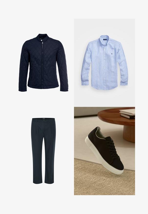 Tamsiai mėlynas užsegamas dubliažinis švarkas su stovinčiu apykakliu, visiškai užtraukiamas priekyje, ir dviem šoninėmis kišenėmis. Medžiaga turi lygią tekstūrą su deimantiniais raštais.; Mėlynos ir baltos dryžuotos ilgomis rankovėmis medvilninė marškiniai, turintys sagtelę ant apykaklės, priekinius mygtukus ir mažą išsiuvinėtą logotipą krūtinėje.; Tamsiai mėlyni kelnių, pasižyminčių tiesiu kirpimu, mygtukų uždarymu, priekiniais klostėmis ir dviem šoniniais kišenėmis; pagaminti iš sklandžios, lengvos medžiagos.; Juodas sportinis batelis su baltu padu, lekiančius virš smėlio spalvos tekstūruoto kilimo šalia apvalaus medinio stalo su sukrautomis knygomis.