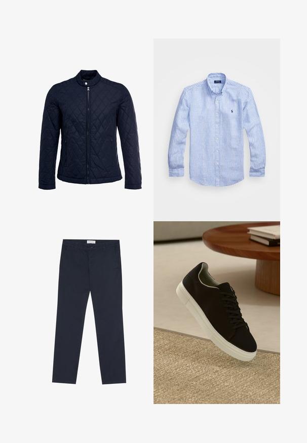 Marineblå quiltet jakke med stått krage, hel frontglidelås og to sidelommer. Materialet har en glatt tekstur med diamantmønster.; Blå og hvit stripete langermet skjorte laget av bomull, med knappekrage, frontknapper og en liten brodert logo på brystet.; Marineblå chinos laget av bomull med en glatt tekstur, med glidelås, beltehemper og sidelommer for funksjonalitet.; Svart sneakers med hvit såle som svever over en beige teksturert teppe nær et rundt trebord med stablede bøker.