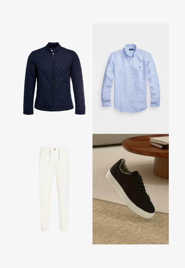Marinefarbenes wattiertes Jackett mit Stehkragen, durchgehendem Reißverschluss und zwei seitlichen Taschen. Das Material hat eine glatte Textur mit Rautenmuster.; Blau-weißer gestreifter Langarmshirt aus Baumwolle mit einem Button-Down-Kragen, Frontknöpfen und einem kleinen gestickten Logo auf der Brust.; Weiße, leichte Hose aus weichem Stoff. Verfügt über einen elastischen Bund mit Kordelzug, einen Knopfverschluss und gerippte Bündchen.; Schwarze Sneakers mit weißer Sohle, die über einem beige strukturierten Teppich schweben, in der Nähe eines runden Holztisches mit gestapelten Büchern.
