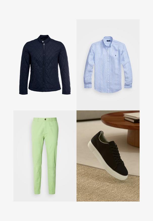 Mornarsko podloženo jakno z dvignjenim ovratnikom, polnim zadrgo in dvema stranskima žepoma. Material ima gladko teksturo s diamantnimi vzorci.; Modra in bela prugasta srajca z dolgimi rokavi iz bombaža, s kragnico na gumb, sprednjimi gumbi in majhnim izvezenim logotipom na prsih.; Svetlo zelene bombažne hlače s slim fit krojem, ki vsebujejo en sam rjav gumb za zapiranje in standardne žepke, gladke teksture, brez vzorcev.; Črni športni copat z belim podplatom lebdi nad bež teksturiranim preprogam blizu okroglega lesenega mize z zloženimi knjigami.