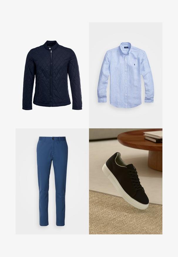 Granatowa pikowana kurtka z stojącym kołnierzem, pełnym zamkiem błyskawicznym i dwoma bocznymi kieszeniami. Materiał ma gładką teksturę z diamentowym wzorem.; Niebiesko-biała, w paski, koszula z długim rękawem, wykonana z bawełny, z kołnierzykiem zapinanym na guziki, guzikami z przodu oraz małym haftowanym logo na klatce piersiowej.; Granatowe bawełniane chinosy o slim fit; posiadają standardowy pas, kieszenie z przodu i pojedyncze zapięcie na guzik. Gładka tekstura.; Czarny sneaker z białą podeszwą unoszący się nad beżowym, teksturowanym dywanem w pobliżu okrągłego drewnianego stołu z poukładanymi książkami.