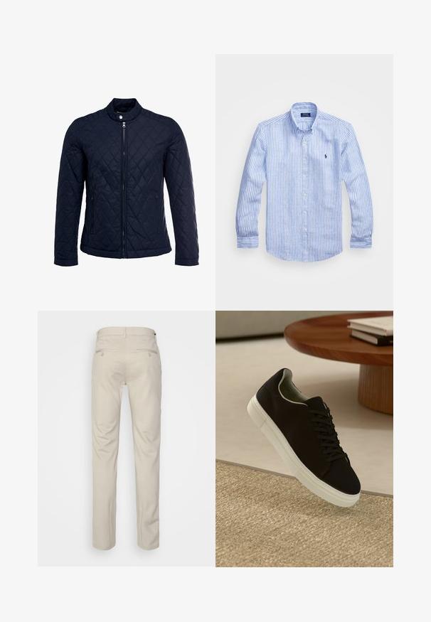 Veste matelassée bleu marine avec col montant, fermeture éclair sur le devant et deux poches latérales. Le matériau a une texture lisse avec des motifs en losange.; Chemise à rayures bleues et blanches à manches longues en coton, dotée d'un col boutonné, de boutons sur le devant et d'un petit logo brodé sur la poitrine.; Pantalon beige avec une texture lisse, coupe droite, deux poches arrière avec boutons, et une taille standard.; Baskets noires avec semelle blanche flottant au-dessus d'un tapis texturé beige, près d'une table en bois ronde avec des livres empilés.