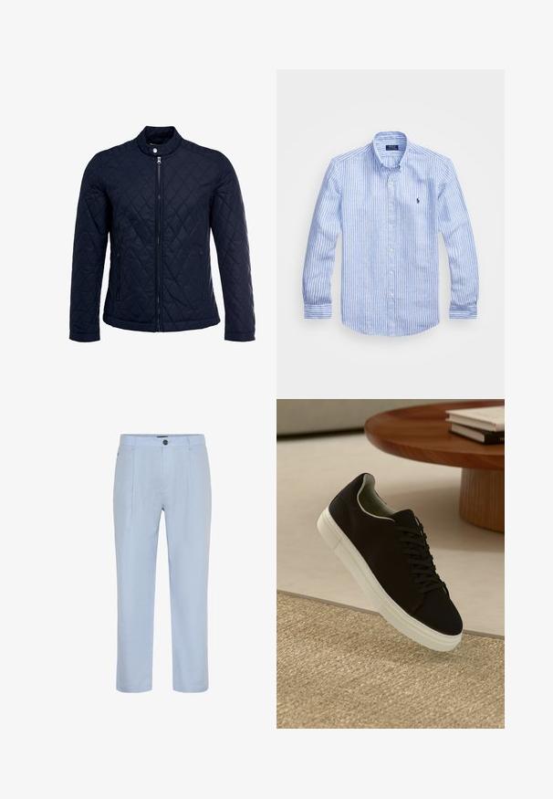 Mornarsko podloženo jakno z dvignjenim ovratnikom, polnim zadrgo in dvema stranskima žepoma. Material ima gladko teksturo s diamantnimi vzorci.; Modra in bela prugasta srajca z dolgimi rokavi iz bombaža, s kragnico na gumb, sprednjimi gumbi in majhnim izvezenim logotipom na prsih.; Svijetloplave lanene hlače ravnog kroja, s prednjim nabora i jednim dugmetom za zatvaranje. Glatka tekstura i bez vidljivih uzoraka.; Črni športni copat z belim podplatom lebdi nad bež teksturiranim preprogam blizu okroglega lesenega mize z zloženimi knjigami.