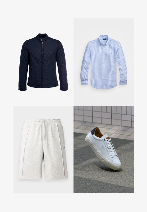 Chaqueta acolchada de color navy que cuenta con un cuello alzado, cierre frontal completo y dos bolsillos laterales. El material tiene una textura suave con patrones en forma de rombo.; Camisa de manga larga a rayas azul y blanca hecha de algodón, con cuello de botón, botones en el frente y un pequeño logo bordado en el pecho.; Pantalones cortos de longitud media, de color gris claro, fabricados en un material suave, con una cinturilla elástica con cordón y bolsillos laterales. Detalle sutil del logo.; Zapatilla de cuero blanca con talón en azul marino, punta redonda y acentos en marrón a contraste. Presenta cordones planos y suela de goma texturizada.