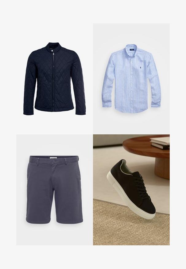 Chaqueta acolchada de color navy que cuenta con un cuello alzado, cierre frontal completo y dos bolsillos laterales. El material tiene una textura suave con patrones en forma de rombo.; Camisa de manga larga a rayas azul y blanca hecha de algodón, con cuello de botón, botones en el frente y un pequeño logo bordado en el pecho.; Pantalones cortos oscuros en gris para hombre, fabricados en tejido ligero, con cierre de botón, trabillas para cinturón y un diseño liso sin patrones visibles.; Zapatilla negra con suela blanca flotando sobre una alfombra texturizada beige cerca de una mesa redonda de madera con libros apilados.