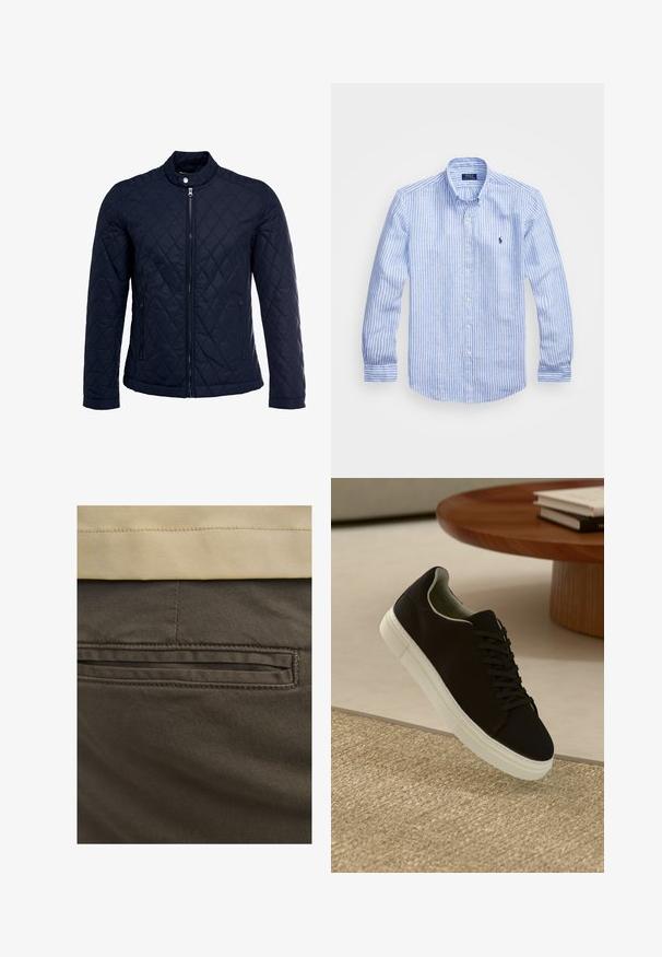 Mornarska jakna od ripsa s uzastopnim ovratnikom, punim prednjim zatvaračem i dva bočna džepa. Materijal ima glatku teksturu s dijamantnim uzorcima.; Plava i bijela prugasta košulja dugih rukava od pamuka, s ovratnikom na dugmad, prednjim dugmadi i malim izvezenim logom na prsima.; Smeđe pamučne hlače s vidljivom stražnjom džepom, naglašenim suptilnim šavovima i glatkom teksturom. Pojas je kontrastne bež boje.; Crna tenisica s bijelim potplatom koja lebdi iznad bež teksturiranog tepiha pored okruglog drvenog stola sa složenim knjigama.