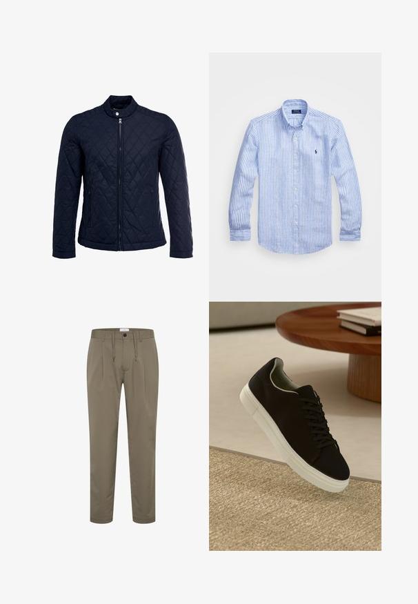 Marineblauwe gewatteerde jas met een staande kraag, volledige ritssluiting aan de voorkant en twee zijzakken. Materiaal heeft een gladde textuur met ruitpatronen.; Blauw-wit gestreept overhemd met lange mouwen van katoen, met een button-down kraag, knopen aan de voorkant en een klein geborduurd logo op de borst.; Olijfgroene broek van gladde stof met een relaxte pasvorm, elastische tailleband met trekkoord en twee vorenplooien voor extra design.; Zwarte sneaker met witte zool die boven een beige gestructureerd tapijt zweeft, nabij een ronde houten tafel met gestapelde boeken.