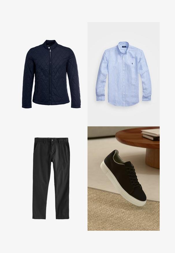 Marinefarbenes wattiertes Jackett mit Stehkragen, durchgehendem Reißverschluss und zwei seitlichen Taschen. Das Material hat eine glatte Textur mit Rautenmuster.; Blau-weißer gestreifter Langarmshirt aus Baumwolle mit einem Button-Down-Kragen, Frontknöpfen und einem kleinen gestickten Logo auf der Brust.; Schwarze Hosen aus glattem Stoff, mit Knopfverschluss, seitlichen Taschen und geradem Bein-Design. Keine sichtbaren Muster oder Texturen.; Schwarze Sneakers mit weißer Sohle, die über einem beige strukturierten Teppich schweben, in der Nähe eines runden Holztisches mit gestapelten Büchern.