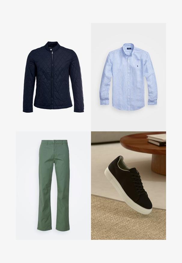 Navy quilted jacket featuring a stand-up collar, full front zip, and two side pockets. Material has a smooth texture with diamond patterns.; Blue and white striped long-sleeve shirt made of cotton, featuring a button-down collar, front buttons, and a small embroidered logo on the chest.; Green cotton trousers with a straight-leg design, featuring a front button closure and side pockets. Smooth texture and no patterns.; Black sneaker with white sole floating above beige textured rug near round wooden table with stacked books.