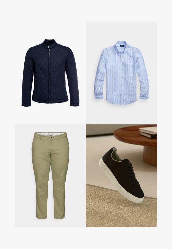Jachetă matlasată de culoare bleumarin, cu guler în picioare, fermoar pe întreaga lungime și două buzunare laterale. Materialul are o textură netedă, cu modele în diamant.; Cămașă cu dungi albastre și albe, cu mânecă lungă, fabricată din bumbac, având un guler cu nasturi, nasturi pe față și un mic logo brodat pe piept.; Chino din khaki cu o croială slim, cu închidere frontală cu buton, curea și buzunare laterale. Țesătură din bumbac fin, cu o textură blândă.; Pantof din material textil negru, cu talpă albă, plutind deasupra unui covor texturat bej, lângă o masă rotundă din lemn cu cărți stivuite.