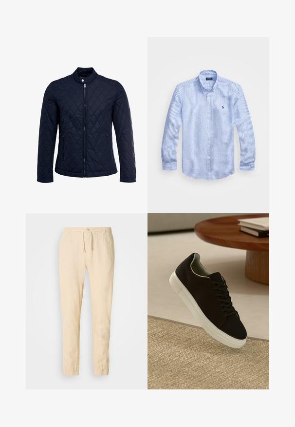 Mornarsko podloženo jakno z dvignjenim ovratnikom, polnim zadrgo in dvema stranskima žepoma. Material ima gladko teksturo s diamantnimi vzorci.; Modra in bela prugasta srajca z dolgimi rokavi iz bombaža, s kragnico na gumb, sprednjimi gumbi in majhnim izvezenim logotipom na prsih.; Svetlo bež lanene hlače z vezanjem v pasu, ožjimi nogami in elastičnimi manšetami. Preprost dizajn z rahlo teksturo.; Črni športni copat z belim podplatom lebdi nad bež teksturiranim preprogam blizu okroglega lesenega mize z zloženimi knjigami.