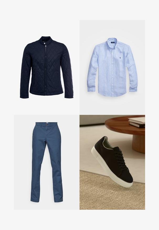 Granatowa pikowana kurtka z stojącym kołnierzem, pełnym zamkiem błyskawicznym i dwoma bocznymi kieszeniami. Materiał ma gładką teksturę z diamentowym wzorem.; Niebiesko-biała, w paski, koszula z długim rękawem, wykonana z bawełny, z kołnierzykiem zapinanym na guziki, guzikami z przodu oraz małym haftowanym logo na klatce piersiowej.; Granatowe bawełniane chinosy z zapięciem na guzik, bocznymi kieszeniami i prostym krojem nogawki. Gładka tekstura i minimalne detale stębnowania.; Czarny sneaker z białą podeszwą unoszący się nad beżowym, teksturowanym dywanem w pobliżu okrągłego drewnianego stołu z poukładanymi książkami.