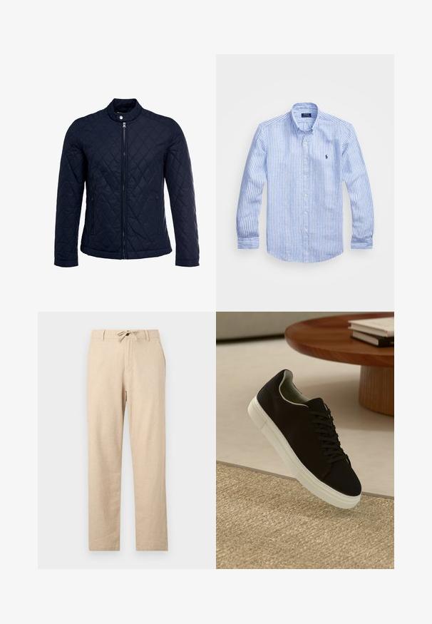 Marineblå quiltet jakke med stått krage, hel frontglidelås og to sidelommer. Materialet har en glatt tekstur med diamantmønster.; Blå og hvit stripete langermet skjorte laget av bomull, med knappekrage, frontknapper og en liten brodert logo på brystet.; Lys beige linbukser med snor i livet, rett snitt, frontlommer og en glatt tekstur. Minimalistisk design uten mønstre.; Svart sneakers med hvit såle som svever over en beige teksturert teppe nær et rundt trebord med stablede bøker.
