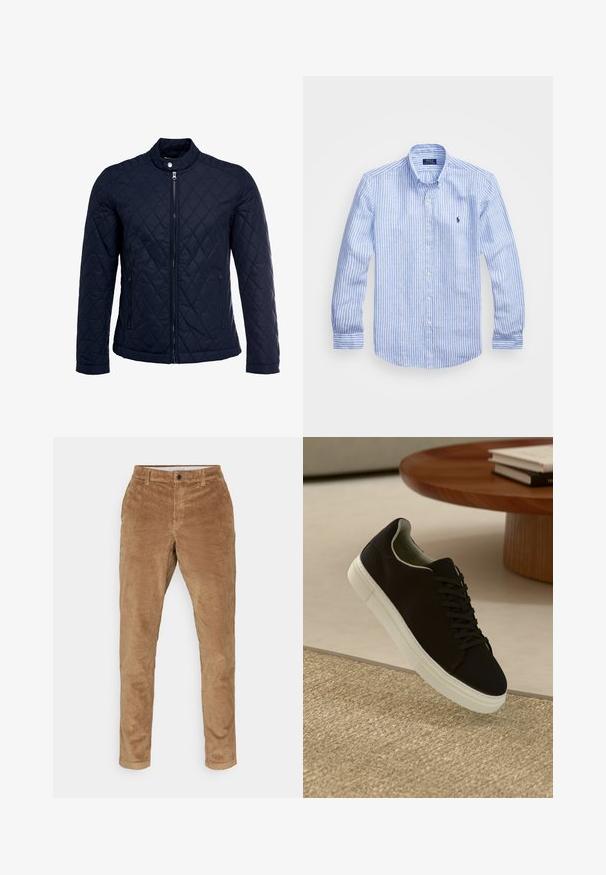 Veste matelassée bleu marine avec col montant, fermeture éclair sur le devant et deux poches latérales. Le matériau a une texture lisse avec des motifs en losange.; Chemise à rayures bleues et blanches à manches longues en coton, dotée d'un col boutonné, de boutons sur le devant et d'un petit logo brodé sur la poitrine.; Jack & Jones JPSTMARCO - Chino - elmwood; Baskets noires avec semelle blanche flottant au-dessus d'un tapis texturé beige, près d'une table en bois ronde avec des livres empilés.
