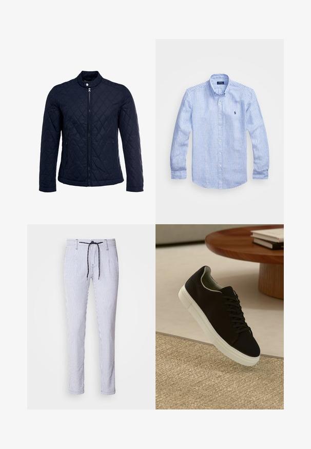 Marineblå quiltet jakke med stått krage, hel frontglidelås og to sidelommer. Materialet har en glatt tekstur med diamantmønster.; Blå og hvit stripete langermet skjorte laget av bomull, med knappekrage, frontknapper og en liten brodert logo på brystet.; Stripete bukser i lys blå og hvit bomullsblanding, med strikk i livet, sidelommer og et tettsittende design med avsmalnende ben.; Svart sneakers med hvit såle som svever over en beige teksturert teppe nær et rundt trebord med stablede bøker.