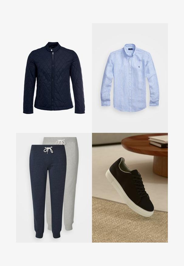 Mornarsko podloženo jakno z dvignjenim ovratnikom, polnim zadrgo in dvema stranskima žepoma. Material ima gladko teksturo s diamantnimi vzorci.; Modra in bela prugasta srajca z dolgimi rokavi iz bombaža, s kragnico na gumb, sprednjimi gumbi in majhnim izvezenim logotipom na prsih.; Dve pare športnih hlač: ene mornarsko modre in ene svetlo sive. Narejene iz mehkega materiala, z elastiko na koncu hlačnic in z vrvico za prilagajanje pasu.; Črni športni copat z belim podplatom lebdi nad bež teksturiranim preprogam blizu okroglega lesenega mize z zloženimi knjigami.