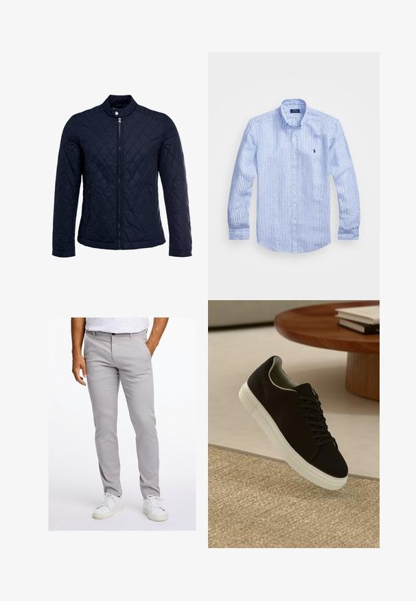 Jūras spēku krāsas nokrāsots džemperis ar izšūtu apkakli, pilnu priekšējo rāvējslēdzēju un divām sānu kabatām. Materiāls ir ar gludu faktūru, ar dimanta rakstiem.; Zila un baltā svītru garām piedurknēm krekls izgatavots no kokvilnas, ar pogājamu apkakli, priekšējām pogām un nelielu izšūtu logotipu uz krūtīm.; Gai pelēku bikses no gludas auduma, ar šauru piegriezumu, priekšējām kabatām un standarta jostasvietu ar pogu aizdari. Vilktas ar baltām sporta apaviem.; Melni sporta apavi ar baltu zoli, kas peld virs bēša tekstūrēta paklāja netālu no apaļa koka galda ar sakrautiem grāmatām.