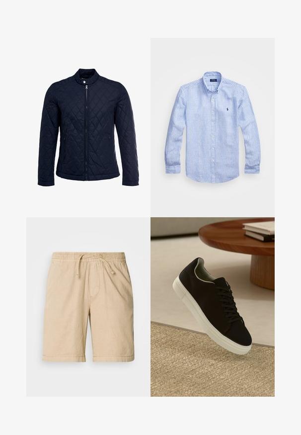 Navy quilted jacket featuring a stand-up collar, full front zip, and two side pockets. Material has a smooth texture with diamond patterns.; Blue and white striped long-sleeve shirt made of cotton, featuring a button-down collar, front buttons, and a small embroidered logo on the chest.; Beige cotton shorts with an elastic waistband, drawstring, side pockets, and a relaxed fit. Smooth texture and knee-length design.; Black sneaker with white sole floating above beige textured rug near round wooden table with stacked books.
