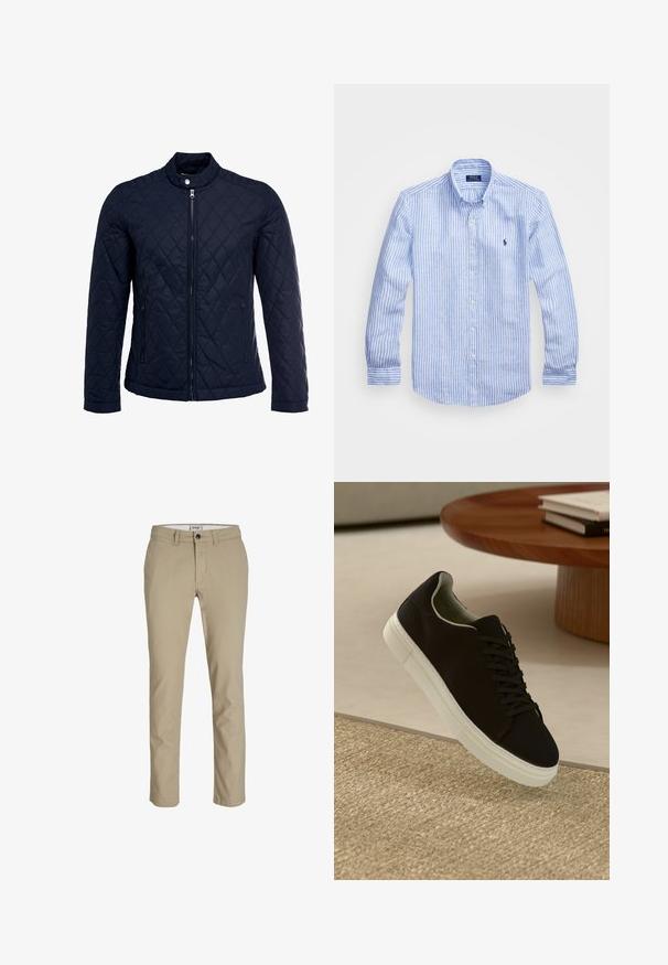 Giacca trapuntata blu navy con colletto alto, zip frontale completa e due tasche laterali. Il materiale ha una texture liscia con motivi a rombi.; Camicia a maniche lunghe a righe bianche e blu in cotone, con colletto button-down, bottoni frontali e un piccolo logo ricamato sul petto.; Pantaloni in cotone beige con vestibilità slim, dotati di zip frontale, chiusura con bottone e quattro tasche. Texture liscia, senza motivi o accenti.; Sneaker nero con suola bianca che flotta sopra un tappeto beige testurizzato vicino a un tavolo rotondo in legno con libri impilati.