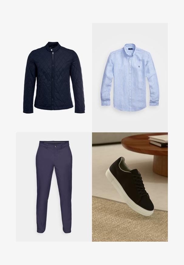 Jūras spēku krāsas nokrāsots džemperis ar izšūtu apkakli, pilnu priekšējo rāvējslēdzēju un divām sānu kabatām. Materiāls ir ar gludu faktūru, ar dimanta rakstiem.; Zila un baltā svītru garām piedurknēm krekls izgatavots no kokvilnas, ar pogājamu apkakli, priekšējām pogām un nelielu izšūtu logotipu uz krūtīm.; Tumši zili pieguļoši bikses ar pogu un rāvējslēdzēju, jostas cilpiņām un sašaurinātiem kājām uz baltas fona.; Melni sporta apavi ar baltu zoli, kas peld virs bēša tekstūrēta paklāja netālu no apaļa koka galda ar sakrautiem grāmatām.