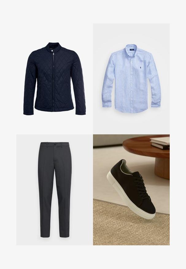 Casaco acolchoado azul-marinho com gola elevada, fecho de correr à frente e dois bolsos laterais. O material tem uma textura suave com padrões de diamante.; Camisa de manga longa azul e branca com riscas, feita de algodão, apresentando um colarinho abotoado, botões frontais e um pequeno logotipo bordado no peito.; Calças cinzas feitas de um tecido texturizado, com perna reta, bolsos laterais, um único botão frontal e passantes para cinto.; Sneaker preto com sola branca flutuando acima de um tapete texturizado bege, perto de uma mesa redonda de madeira com livros empilhados.