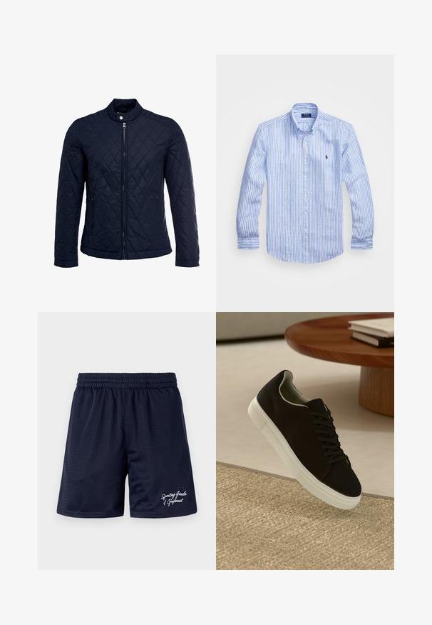 Marineblå quiltet jakke med stått krage, hel frontglidelås og to sidelommer. Materialet har en glatt tekstur med diamantmønster.; Blå og hvit stripete langermet skjorte laget av bomull, med knappekrage, frontknapper og en liten brodert logo på brystet.; Mørkeblå mesh sportsshorts med elastisk liv. Har hvit brodert tekst "Sporting Goods & Equipment" nederst til høyre.; Svart sneakers med hvit såle som svever over en beige teksturert teppe nær et rundt trebord med stablede bøker.