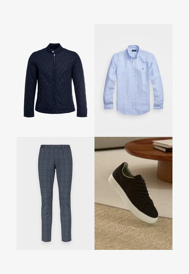 Casaco acolchoado azul-marinho com gola elevada, fecho de correr à frente e dois bolsos laterais. O material tem uma textura suave com padrões de diamante.; Camisa de manga longa azul e branca com riscas, feita de algodão, apresentando um colarinho abotoado, botões frontais e um pequeno logotipo bordado no peito.; Calças slim-fit com padrão xadrez azul escuro, apresentando frente plana, fecho com botão e bolsos laterais. Design ajustado com textura suave.; Sneaker preto com sola branca flutuando acima de um tapete texturizado bege, perto de uma mesa redonda de madeira com livros empilhados.