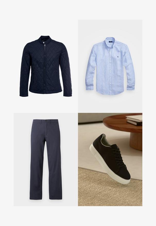 Veste matelassée bleu marine avec col montant, fermeture éclair sur le devant et deux poches latérales. Le matériau a une texture lisse avec des motifs en losange.; Chemise à rayures bleues et blanches à manches longues en coton, dotée d'un col boutonné, de boutons sur le devant et d'un petit logo brodé sur la poitrine.; Pantalons droits bleu foncé en tissu mélangé coton. Comprend une fermeture à boutons à l'avant, des passants de ceinture et deux poches latérales.; Baskets noires avec semelle blanche flottant au-dessus d'un tapis texturé beige, près d'une table en bois ronde avec des livres empilés.