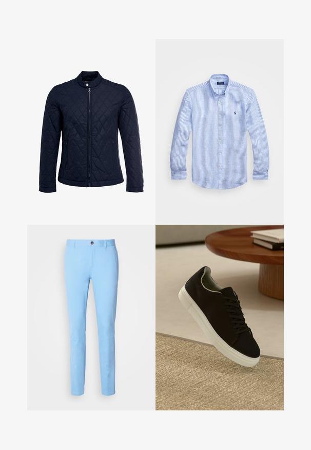 Mornarsko podloženo jakno z dvignjenim ovratnikom, polnim zadrgo in dvema stranskima žepoma. Material ima gladko teksturo s diamantnimi vzorci.; Modra in bela prugasta srajca z dolgimi rokavi iz bombaža, s kragnico na gumb, sprednjimi gumbi in majhnim izvezenim logotipom na prsih.; Svetlo modri bombažni hlače s ravnim krojem, z sprednjim gumbom in stranskimi žepi. Gladka tekstura brez vidnih vzorcev.; Črni športni copat z belim podplatom lebdi nad bež teksturiranim preprogam blizu okroglega lesenega mize z zloženimi knjigami.