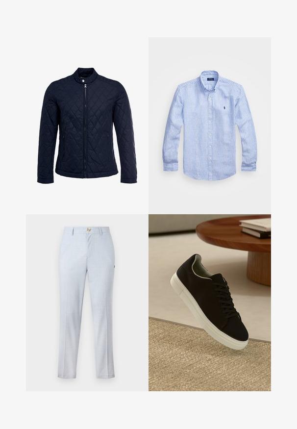 Jachetă matlasată de culoare bleumarin, cu guler în picioare, fermoar pe întreaga lungime și două buzunare laterale. Materialul are o textură netedă, cu modele în diamant.; Cămașă cu dungi albastre și albe, cu mânecă lungă, fabricată din bumbac, având un guler cu nasturi, nasturi pe față și un mic logo brodat pe piept.; Pantaloni de costum bleu deschis din țesătură țesută, cu o croială clasică, picior drept, buzunare frontale și închidere cu nasture. Detaliu subtil de model.; Pantof din material textil negru, cu talpă albă, plutind deasupra unui covor texturat bej, lângă o masă rotundă din lemn cu cărți stivuite.